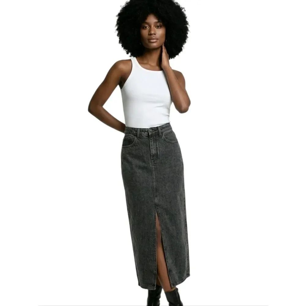 The Drop Classic Black Long Denim Pencil Skirt Size XXS